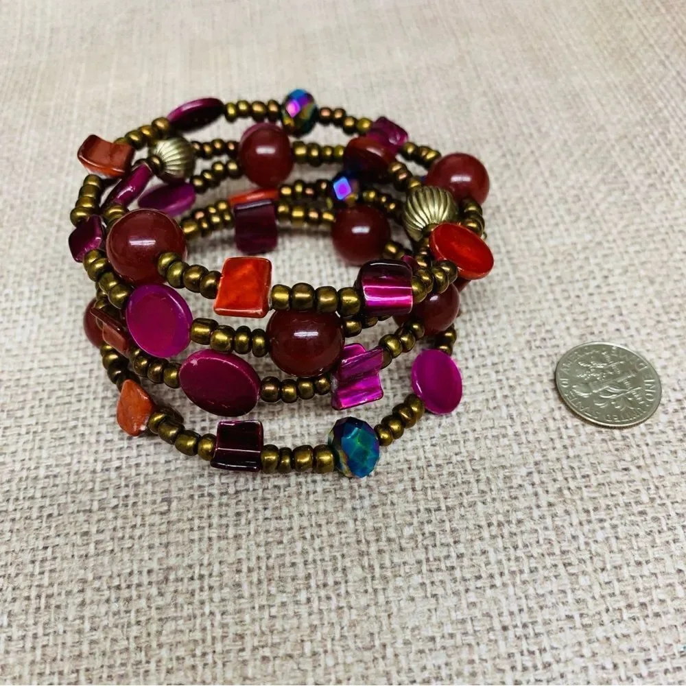 Glass Bead Red Purple‎ Gold Memory Wire Bracelet